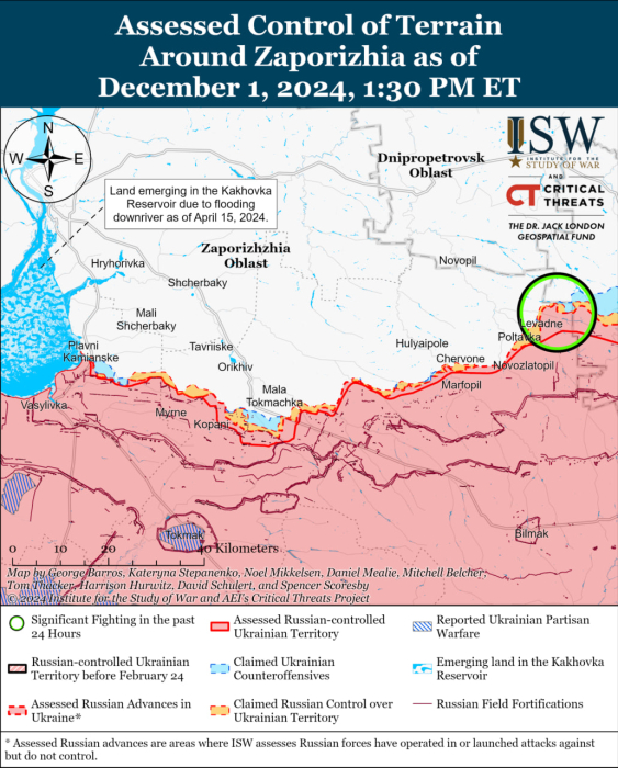 Карта бойових дій в Запорізькій області 1 грудня.